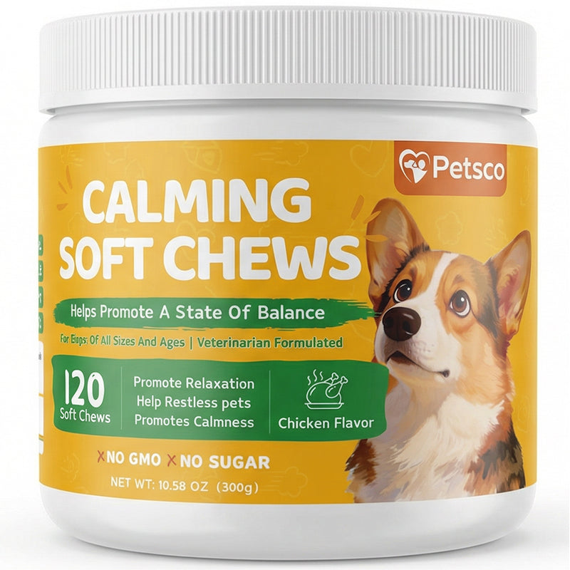 Petsco Calming Soft Chews for Dogs - 120 Soft Chew Treats with Valerian Root&Melatonin for Stress Relief&Calm Composure - Ideal for Training Supplements、Dog Composure&Relaxation Chews Pet Treats for Everyday Stress Support Food Natural  Chicken Flavor