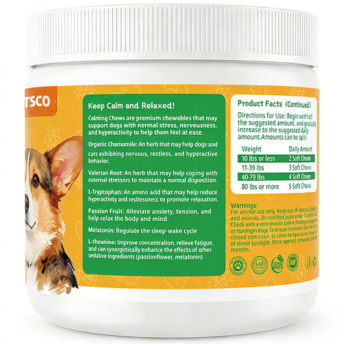 Petsco Calming Soft Chews for Dogs - 120 Soft Chew Treats with Valerian Root&Melatonin for Stress Relief&Calm Composure - Ideal for Training Supplements、Dog Composure&Relaxation Chews Pet Treats for Everyday Stress Support Food Natural  Chicken Flavor