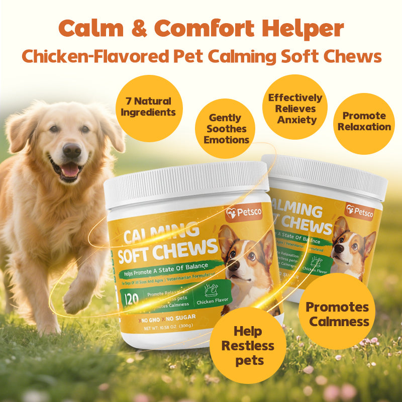 Petsco Calming Soft Chews for Dogs - 120 Soft Chew Treats with Valerian Root&Melatonin for Stress Relief&Calm Composure - Ideal for Training Supplements、Dog Composure&Relaxation Chews Pet Treats for Everyday Stress Support Food Natural  Chicken Flavor