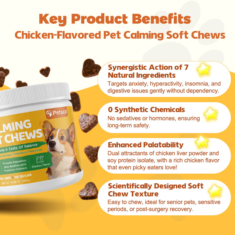 Petsco Calming Soft Chews for Dogs - 120 Soft Chew Treats with Valerian Root&Melatonin for Stress Relief&Calm Composure - Ideal for Training Supplements、Dog Composure&Relaxation Chews Pet Treats for Everyday Stress Support Food Natural  Chicken Flavor