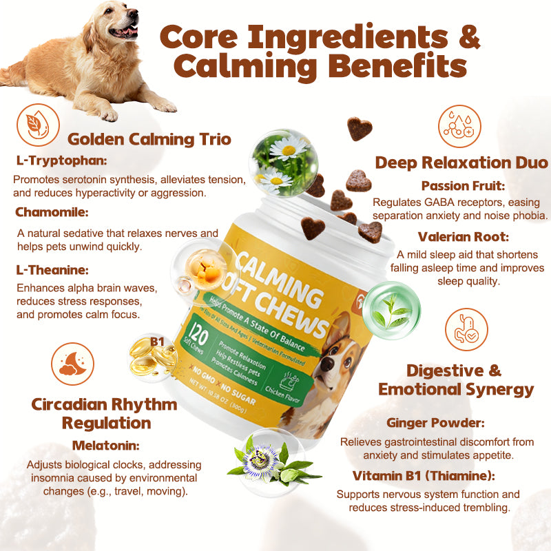 Petsco Calming Soft Chews for Dogs - 120 Soft Chew Treats with Valerian Root&Melatonin for Stress Relief&Calm Composure - Ideal for Training Supplements、Dog Composure&Relaxation Chews Pet Treats for Everyday Stress Support Food Natural  Chicken Flavor