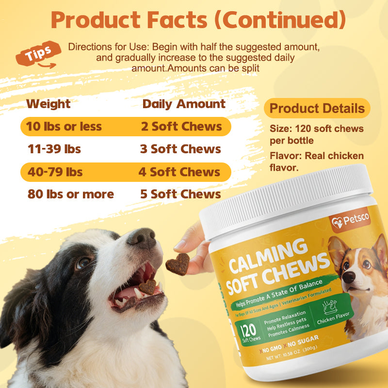Petsco Calming Soft Chews for Dogs - 120 Soft Chew Treats with Valerian Root&Melatonin for Stress Relief&Calm Composure - Ideal for Training Supplements、Dog Composure&Relaxation Chews Pet Treats for Everyday Stress Support Food Natural  Chicken Flavor