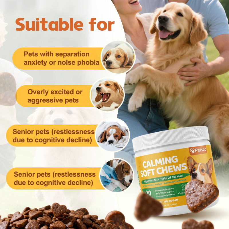 Petsco Calming Soft Chews for Dogs - 120 Soft Chew Treats with Valerian Root&Melatonin for Stress Relief&Calm Composure - Ideal for Training Supplements、Dog Composure&Relaxation Chews Pet Treats for Everyday Stress Support Food Natural  Chicken Flavor