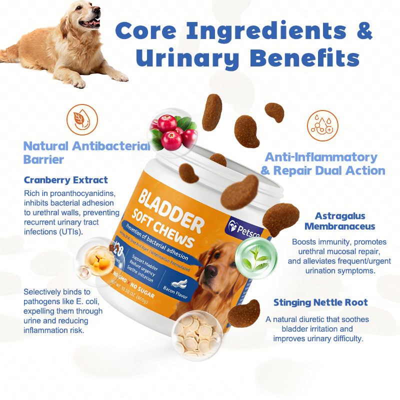 Petsco Urinary Soft Chews for Dogs Pet Treats with Cranberry D-Mannose & Astragalus for Kidney Bladder Health Immune Function Premium