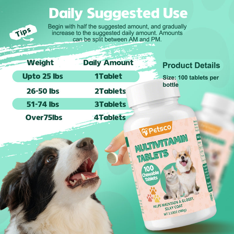 Petsco 12-in-1 Chewable Multivitamin Tablets for Dogs and Cats,  Immune Support、Fur&Coat Support、Digestion Support、Joint Support Dog Treats Supplement 12 in dog supplements Chicken Flavor