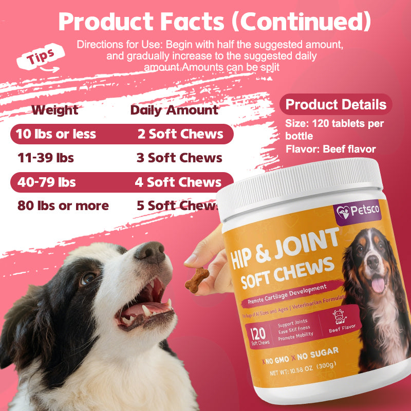Petsco Chondroitin Soft Chews for Dogs Natural Joint Health Supplements with MSM Glucosamine & Chondroitin Sulfate 120 Soft Chews Beef Flavor