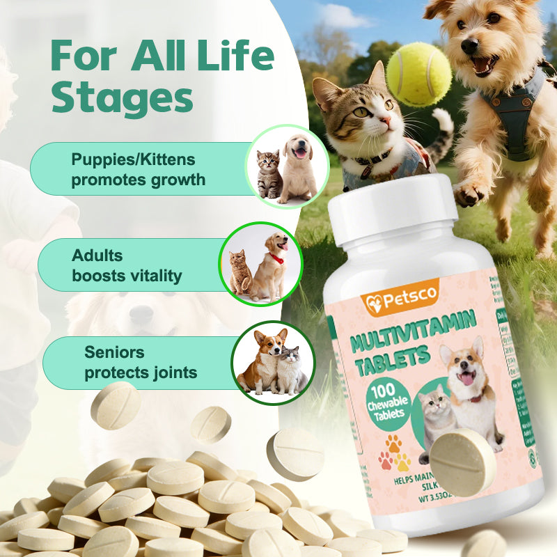 Petsco 12-in-1 Chewable Multivitamin Tablets for Dogs and Cats,  Immune Support、Fur&Coat Support、Digestion Support、Joint Support Dog Treats Supplement 12 in dog supplements Chicken Flavor