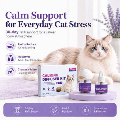 Mirivzlle’s dual-pheromone diffuser helps create a calmer, safer-feeling home for cats struggling with urine marking, fighting, scratching and hiding.