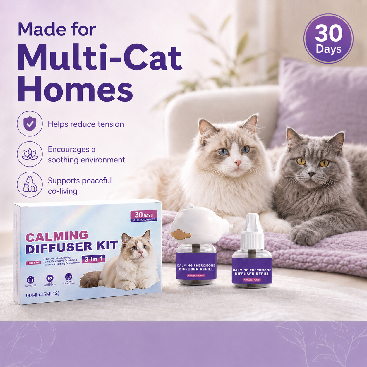 Mirivzlle’s dual-pheromone diffuser helps create a calmer, safer-feeling home for cats struggling with urine marking, fighting, scratching and hiding.