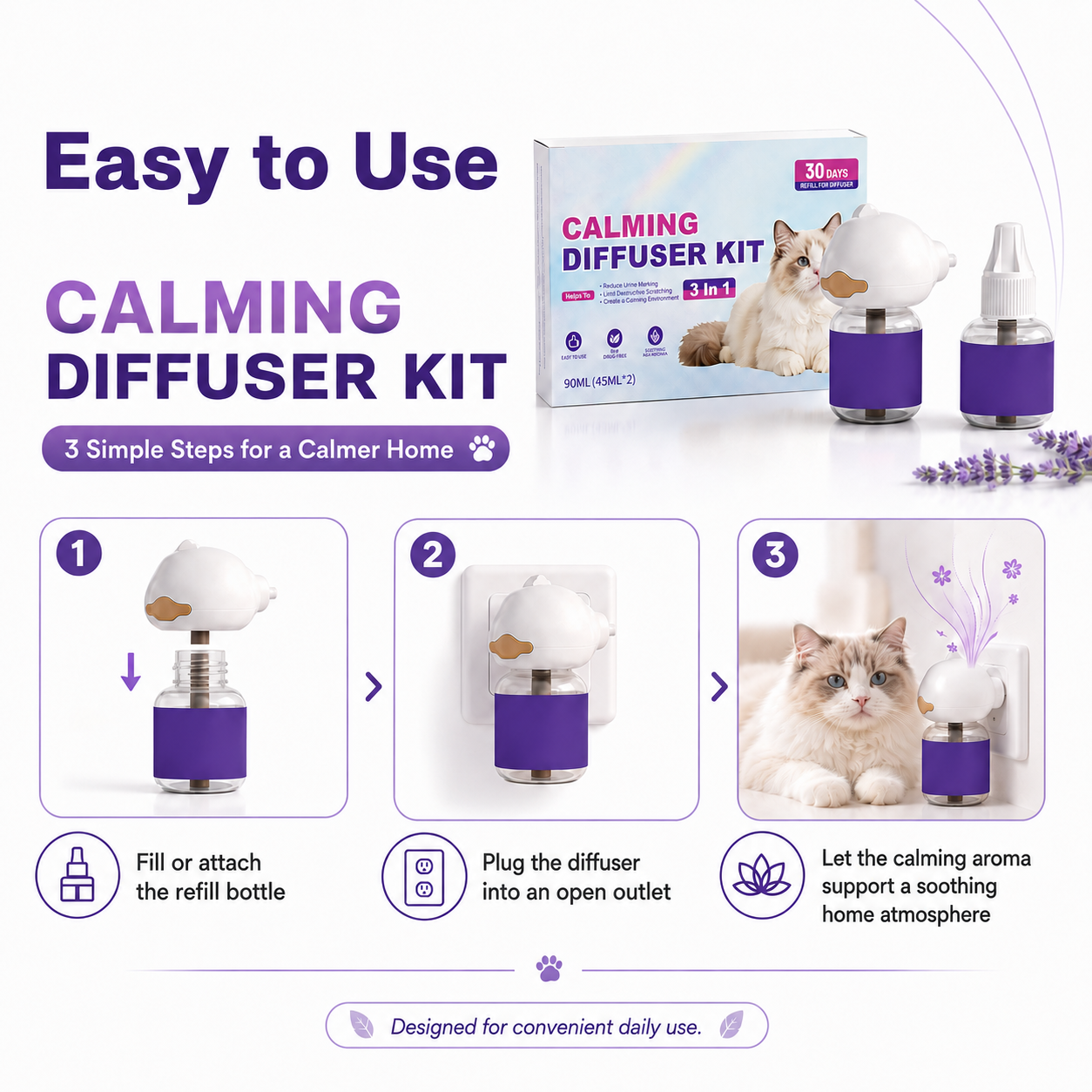 Mirivzlle’s dual-pheromone diffuser helps create a calmer, safer-feeling home for cats struggling with urine marking, fighting, scratching and hiding.